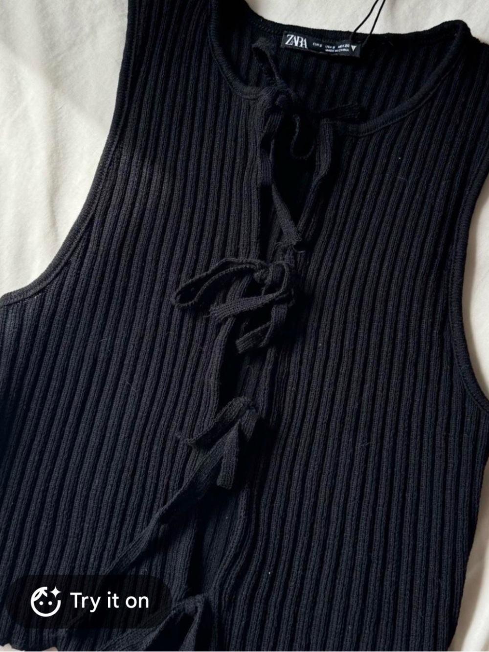 Zara Black Ribbed tie front top
